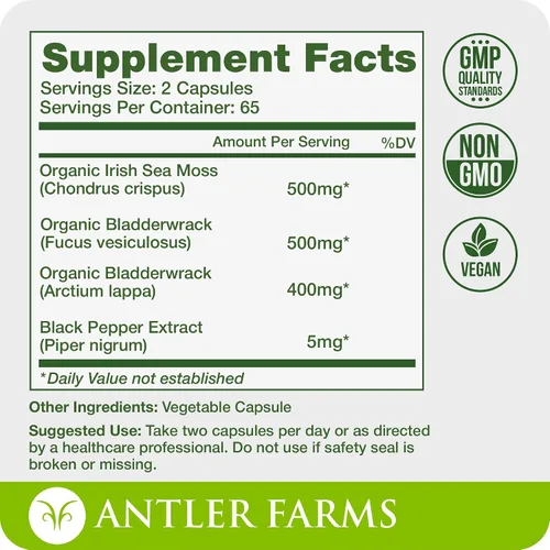 Vista 3 de Antler Farms Complejo de musgo marino 100% puro, 130 cápsulas, musgo marino irlandés silvestre, vejiga y raíz de bardana - Una potente mezcla