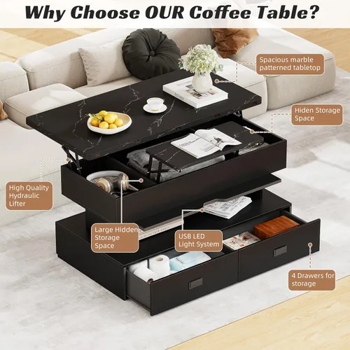 Vista 4 de Mesa de centro elevable de 40 pulgadas con luz LED, modernas mesas de centro grandes con almacenamiento y 4 cajones, mesa de centro de mesa