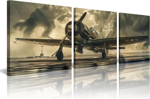 Vista 14 de 3 piezas de arte de pared en lienzo en blanco y negro vintage de la Segunda Guerra Mundial, aviones de combate militares, impresiones de fotografía