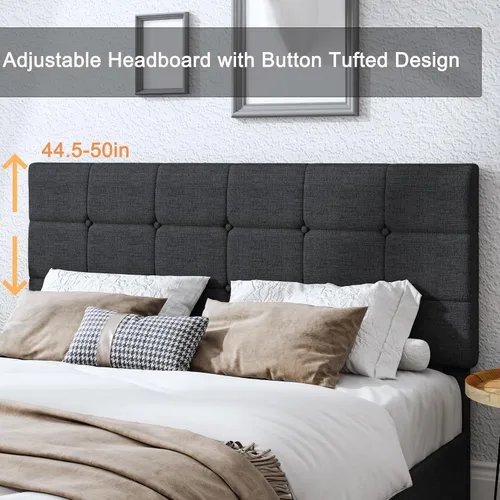 Vista 5 de Moderna base de cama tapizada con 4 cajones de almacenamiento, cama de plataforma con cabecera capitonada con botones ajustables, soporte de Negro