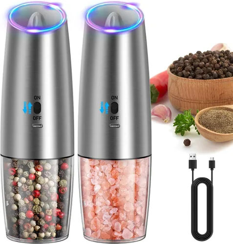 Vista 16 de CIRCLE JOY Gravity - Juego de molinillo eléctrico de sal y pimienta con luz LED, funciona con pilas, grosor ajustable, gran capacidad
