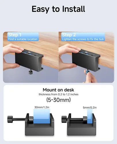 Vista 9 de Hub USB 3.0, concentrador USB con abrazadera de 5 Gbps para escritorio/monitores con puerto de fuente de alimentación adicional, 3 puertos de datos