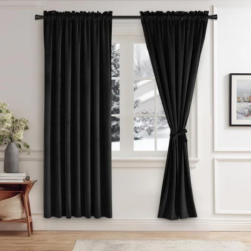 Vista 66 de JIUZHEN Cortinas de terciopelo beige de 63 pulgadas de ancho x 63 pulgadas de largo, cortinas de terciopelo retro suaves con bolsillo para barra