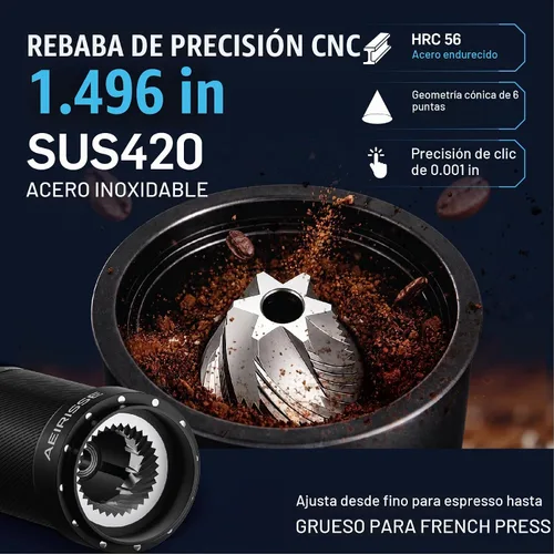 Vista 3 de Molinillo de café manual, molinillo de café cónico de 72 clics, molinillo de café manual de acero inoxidable, taza de captura magnética, mango