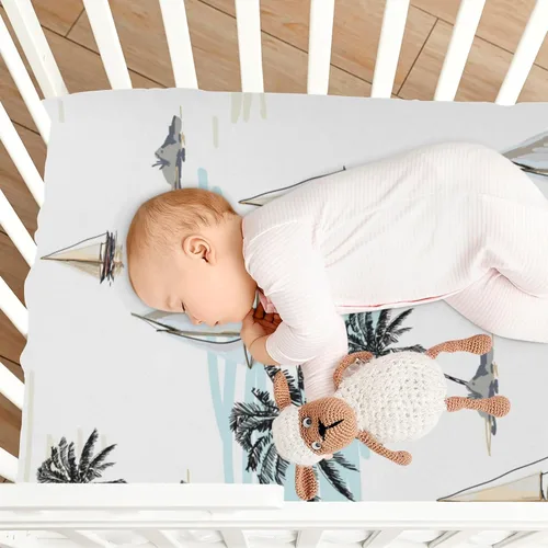 Vista 8 de Kigai Sábana bajera ajustable para cuna con diseño de veleros de palmera, suave, transpirable, para colchón de cuna estándar, acogedoras sábanas