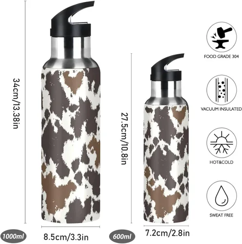 Vista 2 de Kcldeci Botella de agua deportiva de cuero de vaca de 20 onzas, tapa de pajilla, a prueba de fugas, aislada al vacío, acero inoxidable, caliente