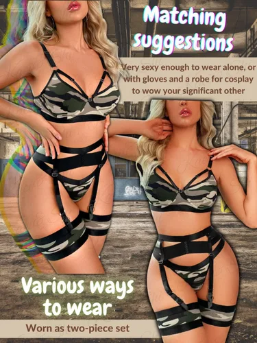 Vista 5 de Lenceria con liguero para mujer, conjunto de encaje traslúcido y sexy de 4piezas