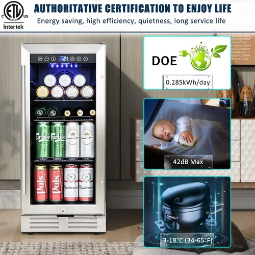 Vista 5 de IOCCIOBB Mini refrigerador de 15 pulgadas, gabinete de vino y bebidas, 120 latas, 34-65°F, silencioso, estantes ajustables, iluminación LED, ETL