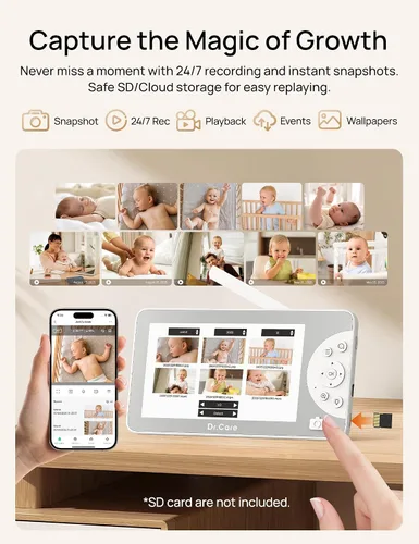 Vista 8 de Dr.Care LumiView Max Smart WiFi Baby Monitor – 7 pulgadas 1080P FHD y cámara 2K, modo de privacidad, detección de llanto y movimiento, batería