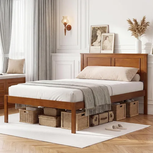 Vista 9 de GIANTEX Marco de cama de madera individual con cabecero, plataforma moderna de mediados de siglo con soporte de listones de madera, base de colchón
