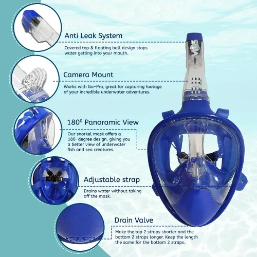 Vista 4 de VOS Full Face Snorkel Mask for Kids and Adults 180°Panoramic View/Anti-Fog/Anti-Leak Scuba Mask with Camera Mount Snorkeling Gear for Adults