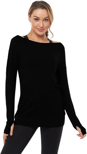 Vista 5 de Muzniuer Camisas de entrenamiento de manga larga, hombros descubiertos, manga larga, yoga, deportes, camiseta deportiva con agujero para el pulgar