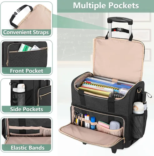 Vista 2 de LUXJA Bolsa rodante para profesores con compartimento para laptop y dolly desmontable, bolsa de mano rodante multifuncional para profesores