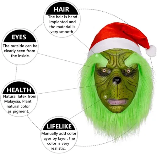 Vista 6 de Halford Green Monster Mask Christmas Cute Costumes Mask Latex Role Play Mask Xmas Funny Full Face Mask for Party Props