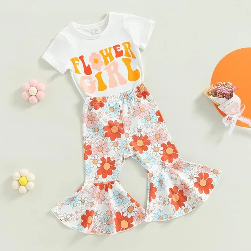 Vista 39 de Eadrioss Ropa para bebé niña pequeña, traje de campana de manga corta, camisa de flores para niños, pantalones florales acampanados, ropa de verano