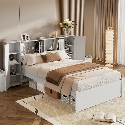Vista 3 de Harper & Bright Designs Cama individual con cabecera de estantería, plataforma de madera maciza con estante de almacenamiento, para niños