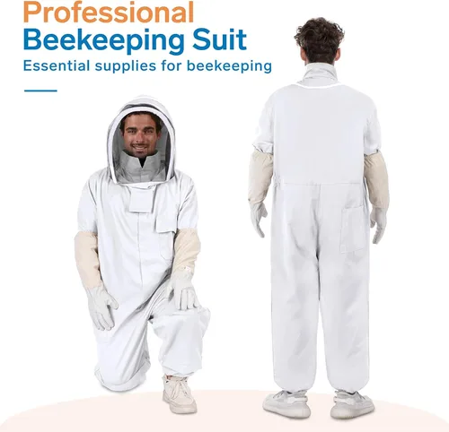 Vista 3 de Trajes de abeja para hombres y mujeres, a prueba de picaduras, traje de apicultura con guantes de apicultura y capucha de velo (blanco)