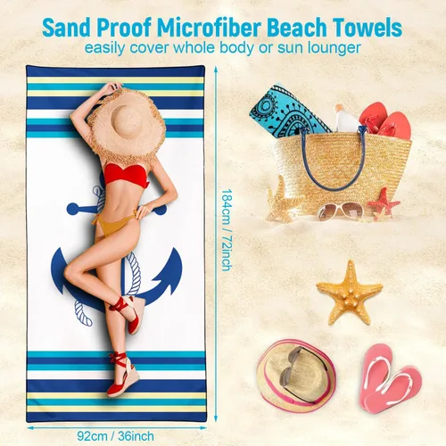 Vista 5 de Nautical Anchor - Toalla de playa extra grande, diseño de rayas blancas y azules, de secado rápido, absorbente, sin arena, suave, ligera, accesorios