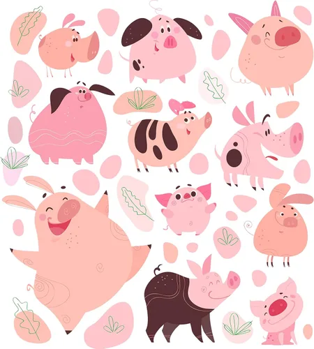 Vista 2 de Juego de calcomanías de pared de cerdo de dibujos animados divertidos, juego de calcomanías de pared de cerdo divertido con puntos de animales