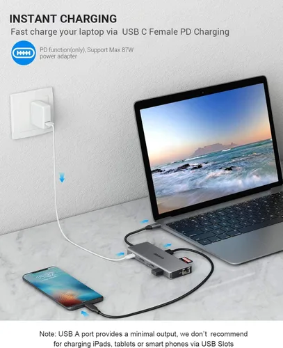 Vista 7 de EUASOO Estación de acoplamiento USB C de triple pantalla 11 en 1 con HDMI 4K dual, Ethernet Gigabit de 1000 Mbps, PD 3.0, 4 puertos USB