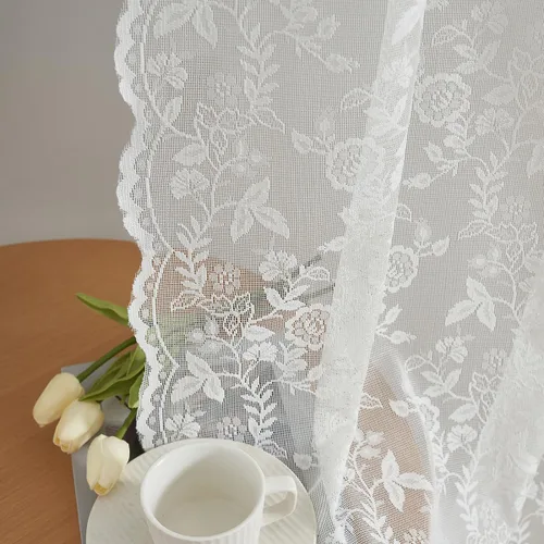 Vista 29 de FINECITY 2 paneles de cortinas de encaje beige de 36 pulgadas de largo con hojas florales rústicas, cortinas cortas y transparentes para ventana