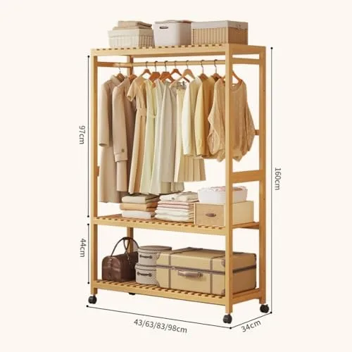 Vista 2 de Portable Bamboo Clothes Rack with Shelves - Free Standing Wooden Wardrobe, Rolling Garment Rack for Bedroom, Adjustable Multi-Storage Organizer with