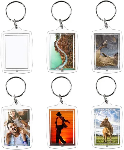 Vista 7 de 30 llaveros para insertar fotos, llaveros acrílicos transparentes en blanco, marco de fotos con anillo dividido para tamaño personalizado