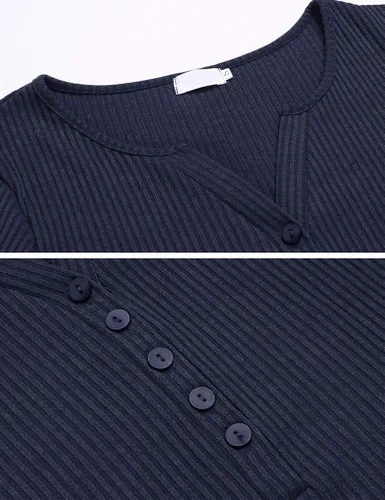 Vista 3 de Tobrief - Camisetas de mujer Henley, cuello en V, manga larga, Botón Abajo, Suéter de Punto Ajustado