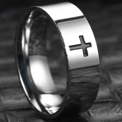 Vista 4 de Jude Jewelers Anillo de boda religioso de acero inoxidable de 0.315in con cruz cristiana simple, Metal, Zirconia cúbica