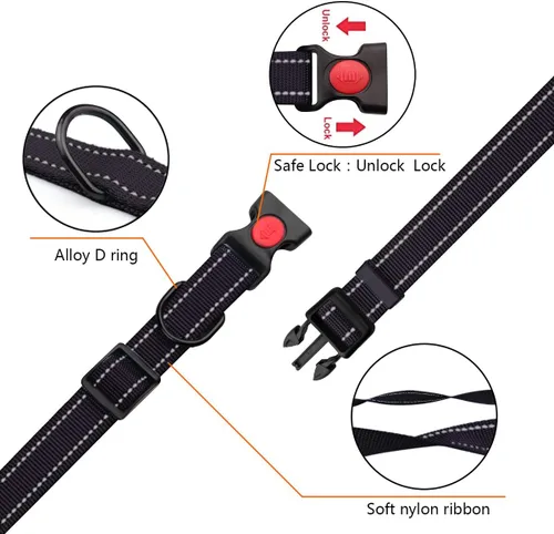 Vista 2 de Juego de collar y correa reflectante para perro con hebilla de bloqueo de seguridad, collares de nailon para mascotas ajustables para perros Negro