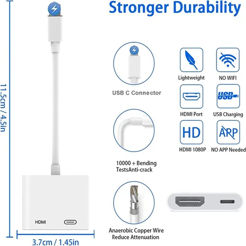 Vista 2 de Adaptador AV digital USB C a HDMI para iPhone 16 15,1080P Video y Audio Sync Convertidor de pantalla Adaptador AV con puerto de carga para iPhone