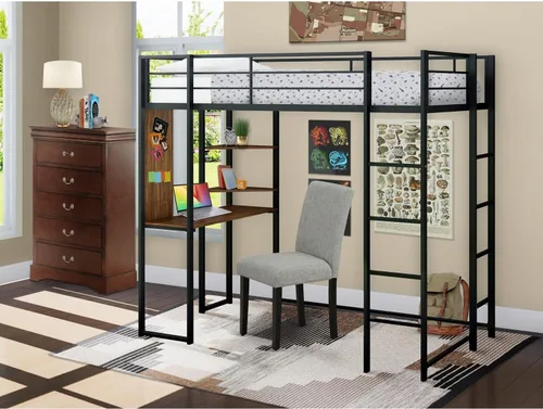 Vista 2 de East West Furniture BUTLBLK Buckland - Cama tipo loft individual, una cama de metal, una mesa, 2 estantes para libros y 2 escaleras con 3 y 4