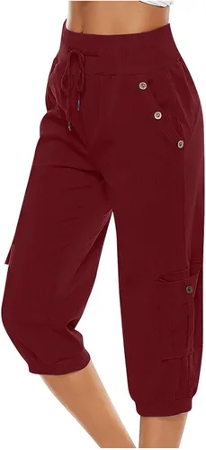 Vista 3 de Stessotudo Pantalones deportivos para mujer, cintura alta, con cordón, pantalones capri sólidos con bolsillos, pierna recortada, pantalones de lino