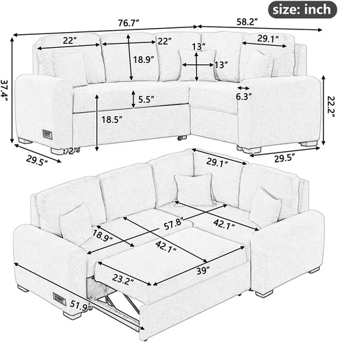 Vista 2 de LHLLHL Sofá cama seccional con puerto de carga USB y salida de enchufe, sofá cama extraíble, diván en forma de L pequeño apartamento