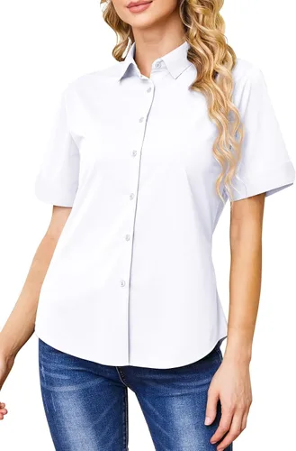 Vista 11 de Camisas con botones para mujer, sin arrugas, ajustadas, manga corta, formal, sólidas, blusas