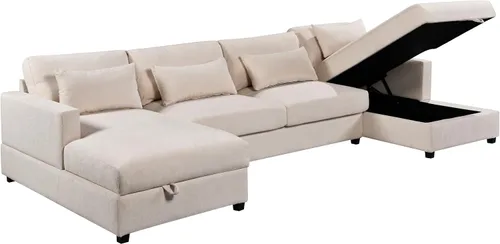 Vista 13 de Quarte Sofá seccional en forma de U, sofá modular con dos asientos individuales, dos sillas, combinación de bricolaje, tela de hilo en bucle Beige/5