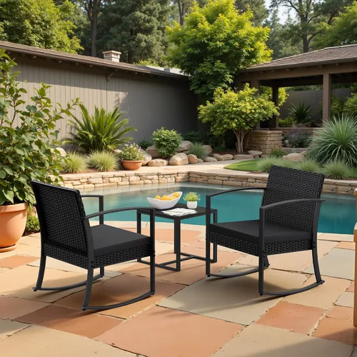 Vista 7 de Homall - Juego de muebles de patio de 3 piezas de resina para uso en exteriores - Juego de bistró con sillas de columpio acolchadas y mesa para Negro