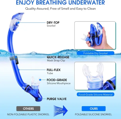 Vista 4 de Juego de esnórquel para niños, equipo de esnórquel para niños con esnórquel plegable y gafas de esnórquel antivaho, paquetes de esnórquel, máscara