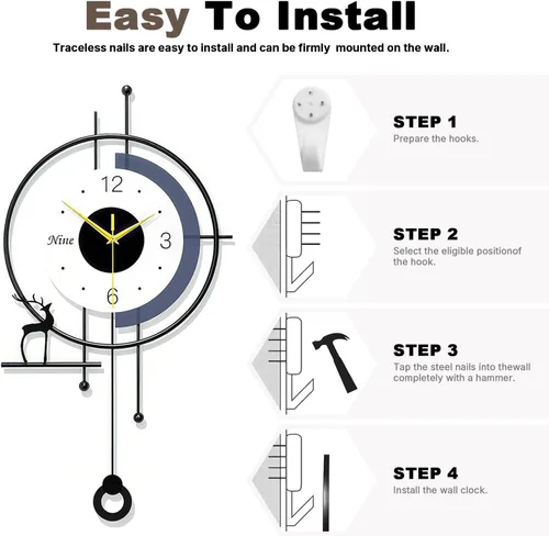 Vista 7 de Reloj de pared grande para decoración de sala de estar, reloj de pared moderno de péndulo, silencioso, sin tictac, funciona con pilas, para sala