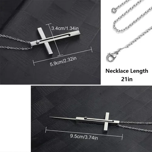 Vista 4 de Collar de cruz de defensa personal, cadena de 21 pulgadas, herramienta de protección oculta de acero inoxidable con bloqueo de seguridad, Acero