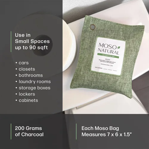 Vista 3 de Moso Natural Bolsa purificadora de aire de 7.05 oz (paquete de 5). Un eliminador de olores sin olor para automóviles, armarios, baños, áreas