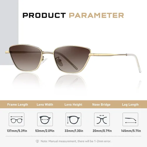 Vista 4 de Gafas de sol vintage pequeñas ojo de gato moda estrecha marco de metal rectángulo gafas de sol 100% protección UV CL22009