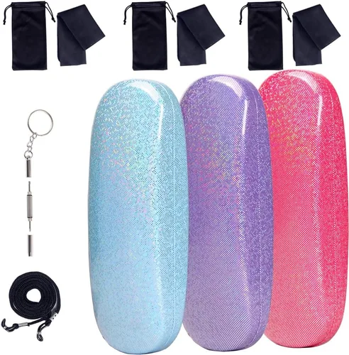 Vista 9 de ADBGV 3 fundas unisex rígidas para lentes, funda protectora para gafas, funda de gafas de sol con paño de limpieza A_negro+rosa+azul