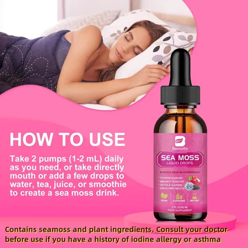 Vista 7 de Gotas Líquidas de Musgo Marino - Musgo Marino Irlandés Orgánico con Aceite de Semilla Negra, Raíz de Bardana, Fucus, Baya del Saúco, Vitamina C, D3
