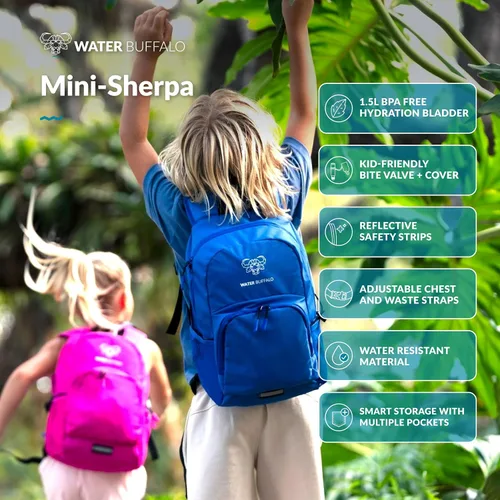 Vista 2 de Water Buffalo Mini mochila de senderismo Sherpa para niños y mochila de hidratación, con vejiga de 1.5 L, ajuste ajustable, ribete reflectante, Negro