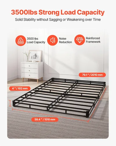 Vista 3 de VEVOR Base de cama tamaño Queen con tela lavable, marco de metal resistente para cama Queen, base de colchón de 4 pulgadas, capacidad máxima