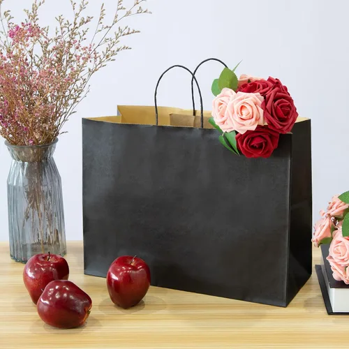 Vista 3 de Ronvir - Bolsas grandes de papel kraft con asas a granel para compras, paquete de 70, color negro 16x6x12 Inch,120GSM,Thick,Durable,8LB