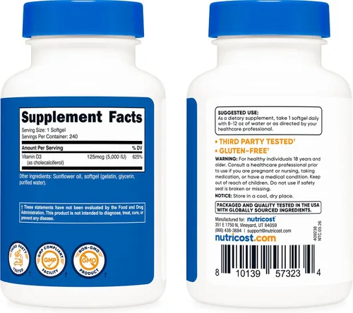 Vista 4 de Nutricost Vitamina D3 5,000 UI, 240 cápsulas blandas - Vitamina D sin OMG y sin gluten