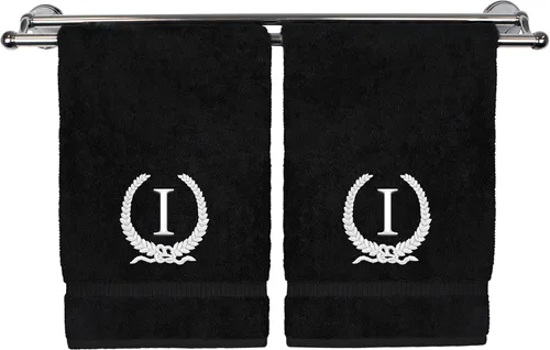 Vista 132 de Toalla de mano con monograma, regalo personalizado, 16 x 30 pulgadas, letra blanca bordada con diseño de corona en toalla negra, extra absorbente