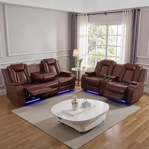 Vista 16 de Juego de sofá reclinable eléctrico para sala de estar, juego de sofá reclinable de cuero con luz LED, soporte para tazas, almacenamiento de consola